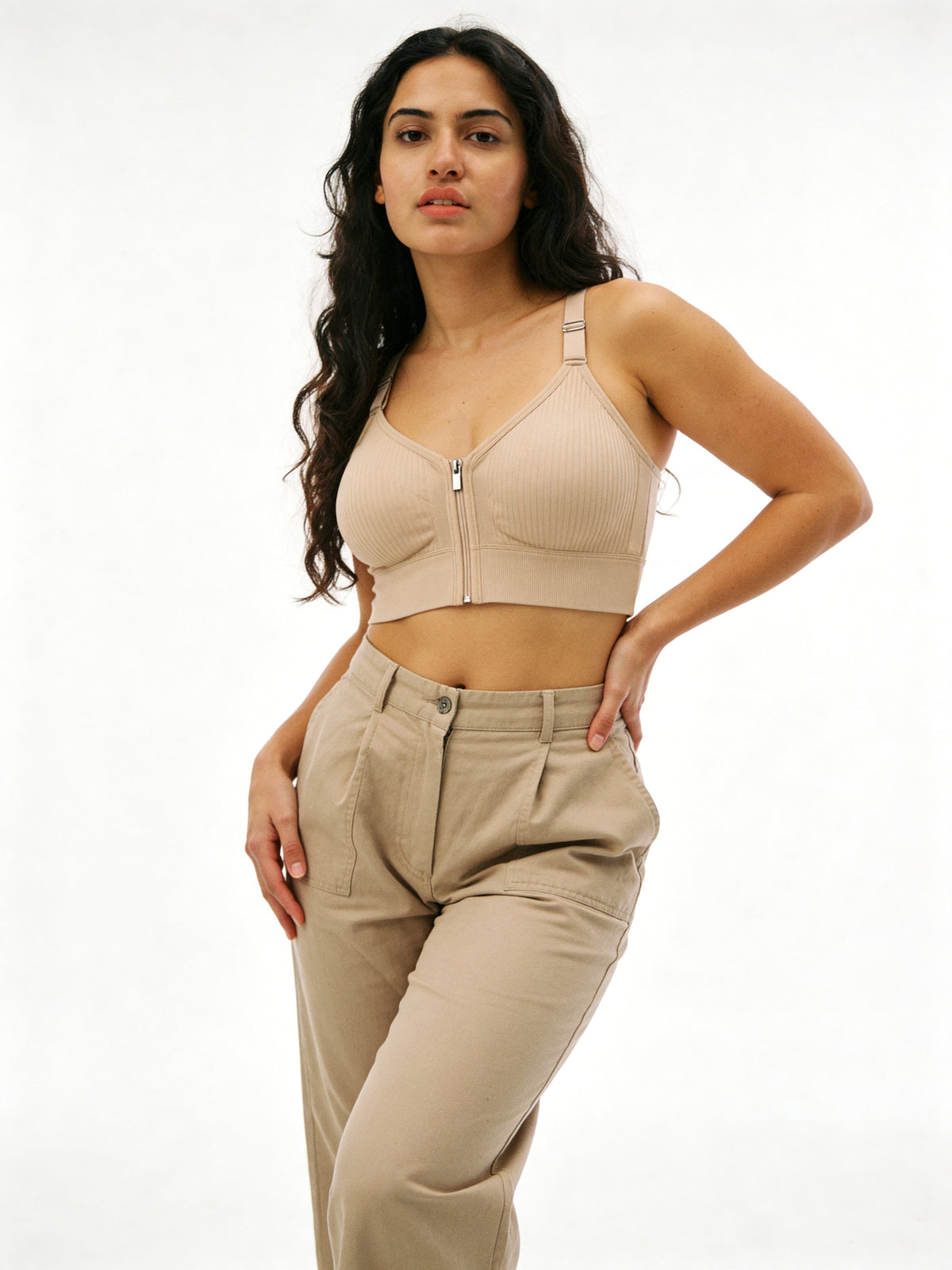 Ribbed Front Zip Non-Wired Bra