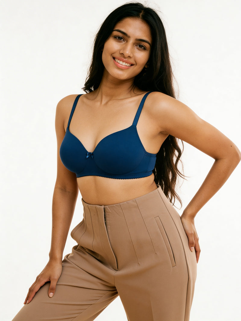 Padded Bow Non-Wired 3/4th Coverage T-Shirt Bra - Blue