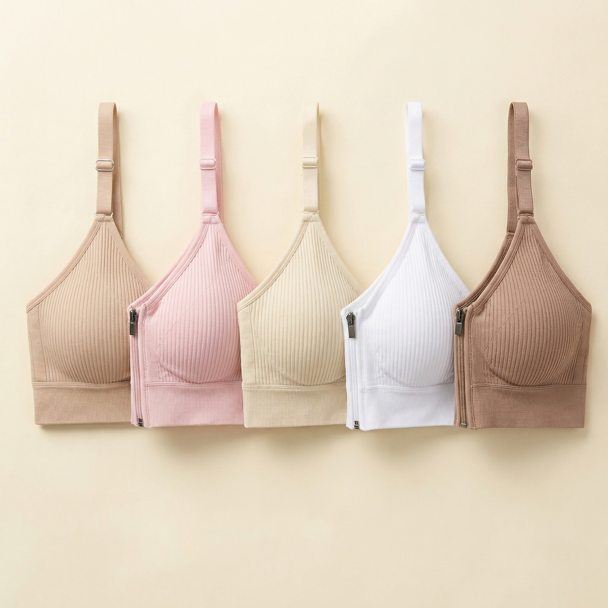 Ribbed Front Zip Non-Wired Bra